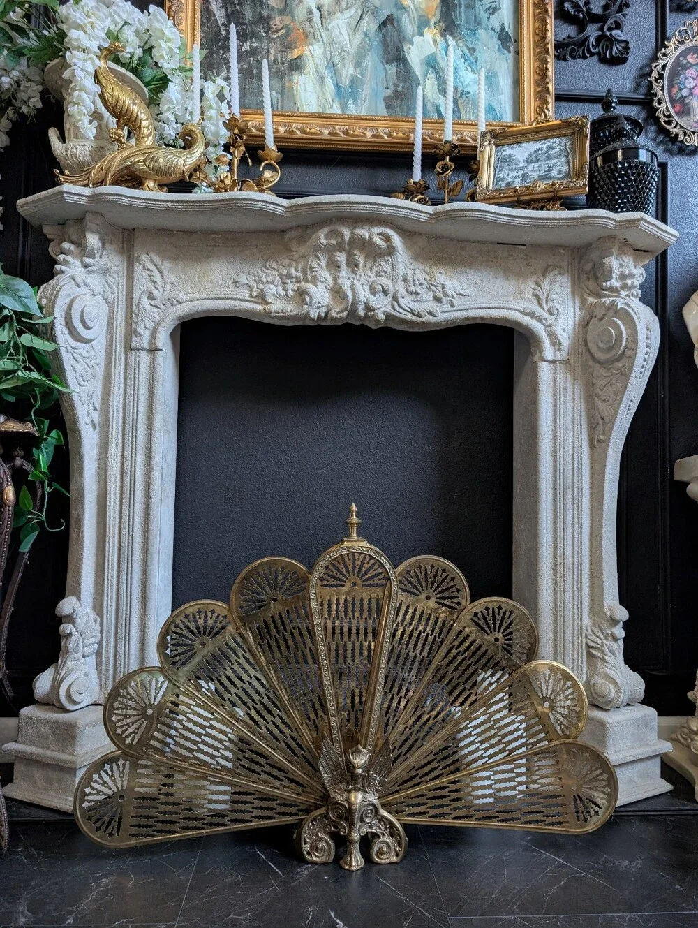 Vintage Solid Brass Griffon Peacock fireplace screener Art Deco Statement Decor